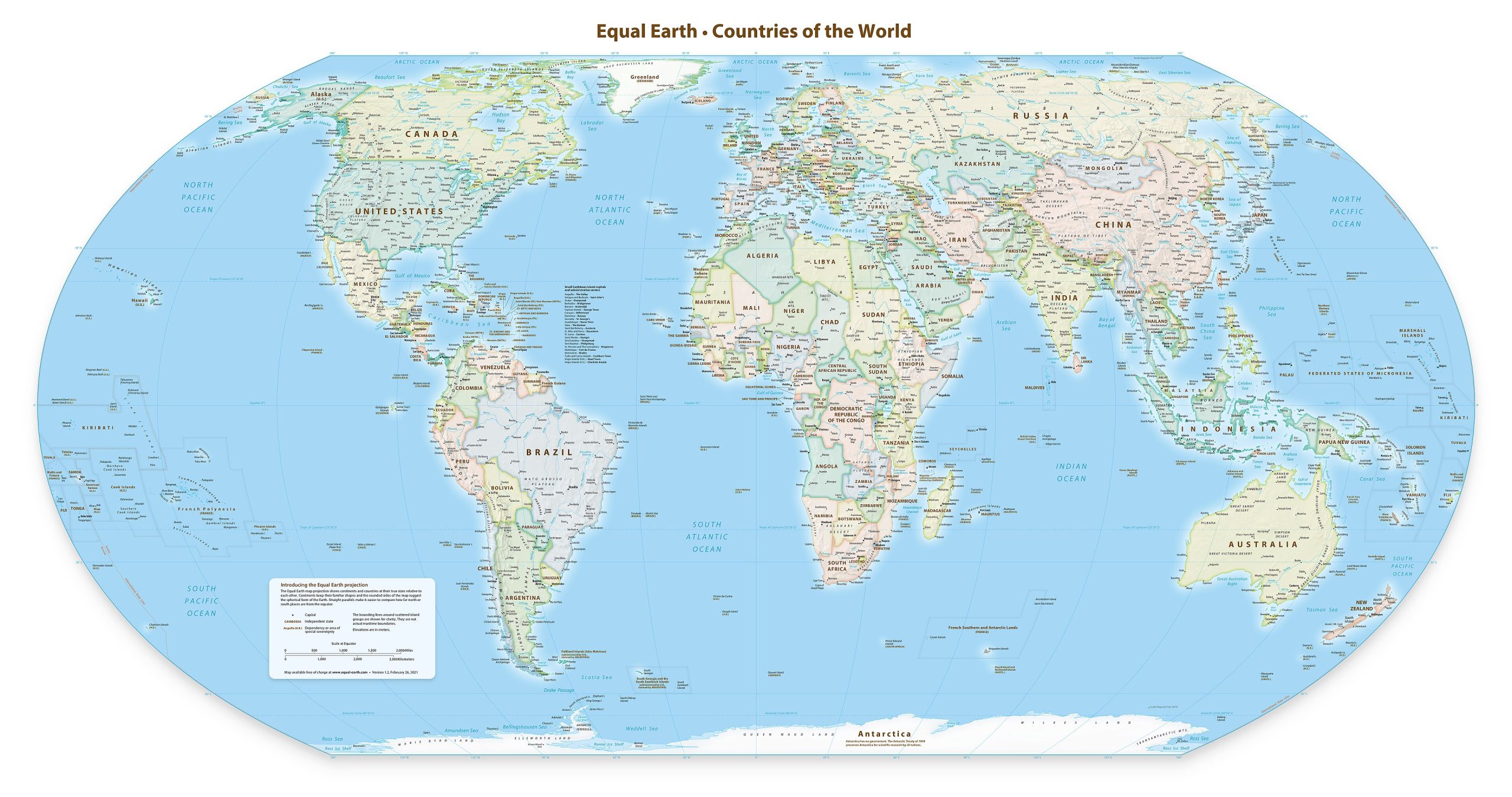 World map in the Equal Earth projection, showing continents at true relative sizes